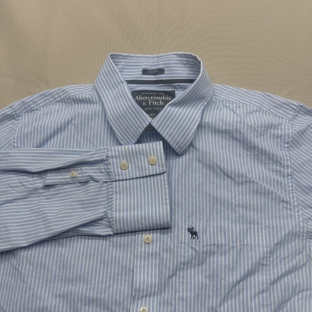 Abercrombie & Fitch Mens XXL Muscle Fit Blue White Striped Button Down Shirt